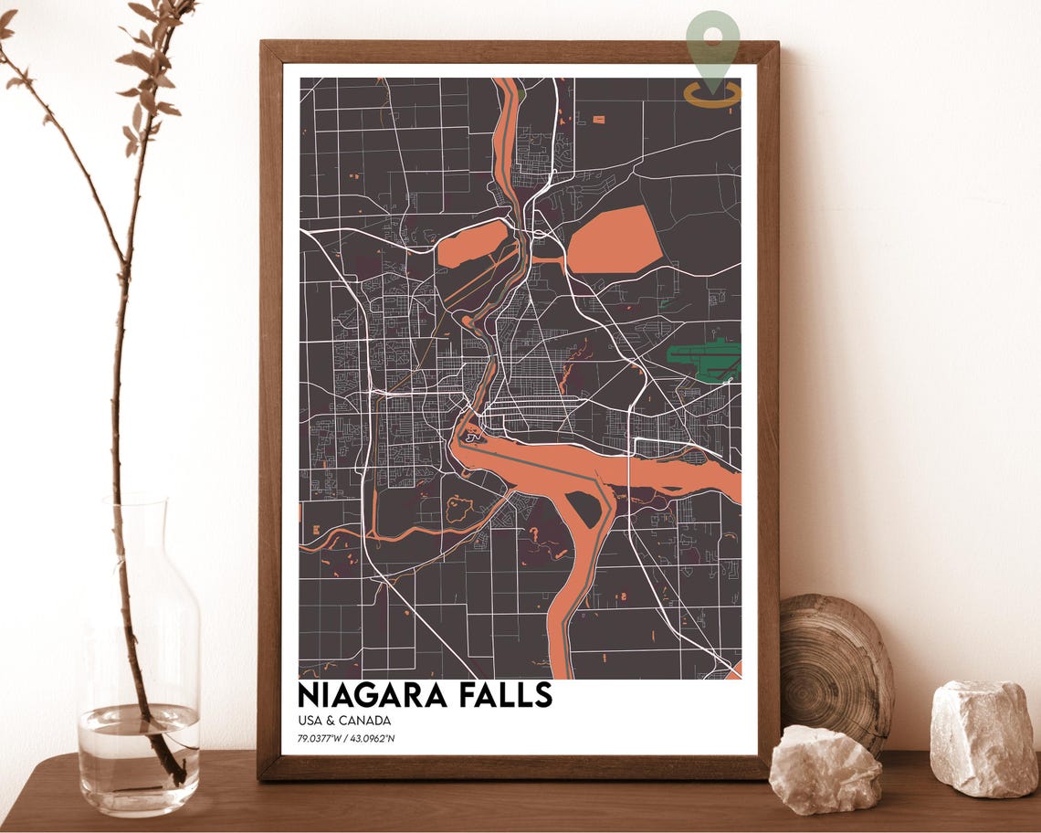 Niagara Falls USA Canada Border River Cream Pink Art Map Poster - Image 5