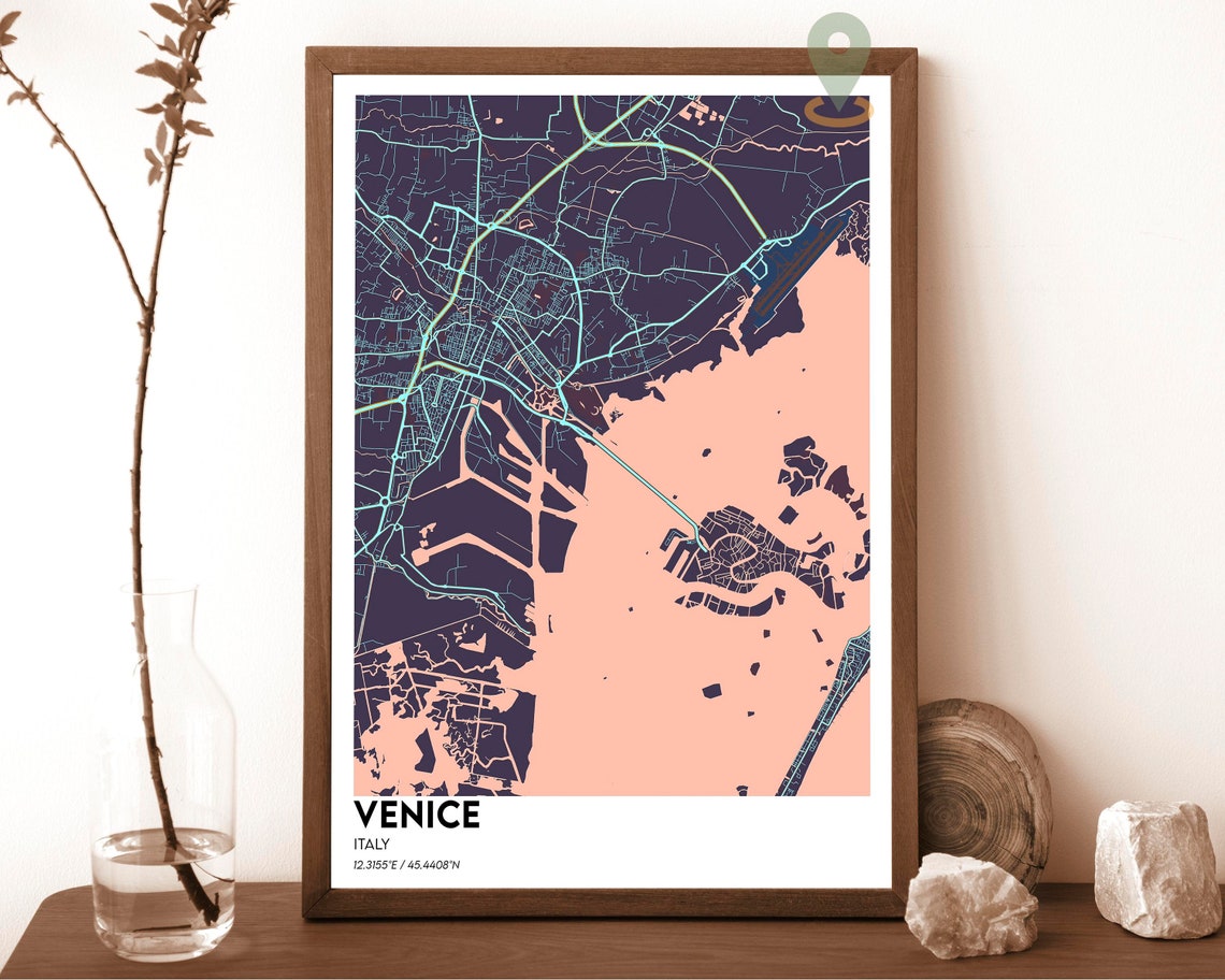 Venice Italy City Map Poster Pink Cyan Modern Lagoon Art Style - Image 2
