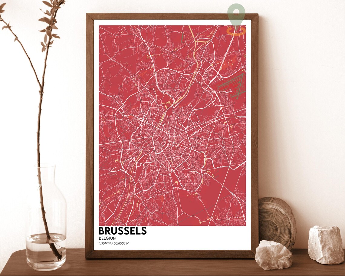 Brussels Belgium Dark Night City Map Cyan Canals Decor Poster - Image 3
