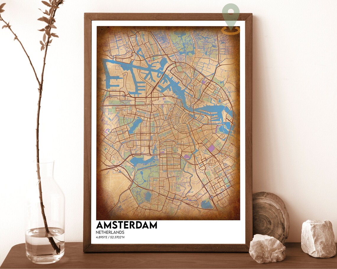 Amsterdam Netherlands Vintage Sepia Canal Map Classic Travel Poster