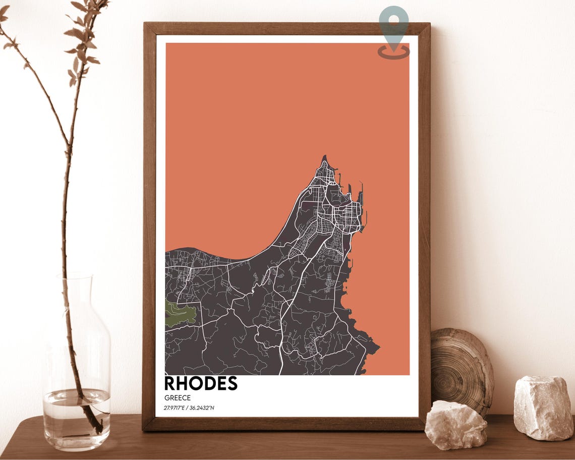 Rhodes Greece Coastal Turquoise Blue City Map Home Decor Poster - Image 5