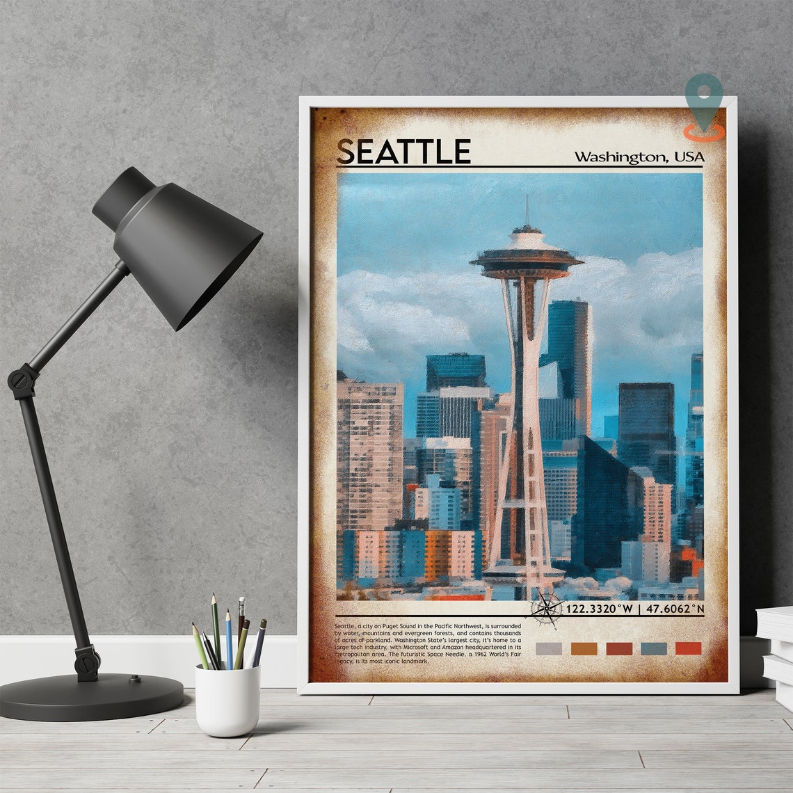 Seattle Washington Space Needle Painted Skyline Travel Poster - Image 4