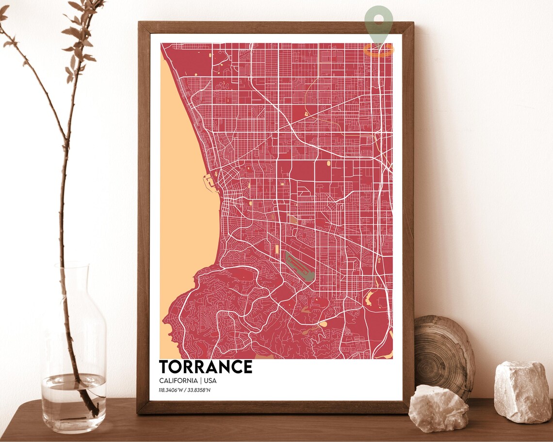 Torrance California City Street Map Modern Burgundy Travel Poster