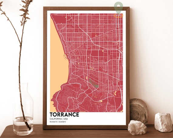 Torrance California City Street Map Modern Burgundy Travel Poster