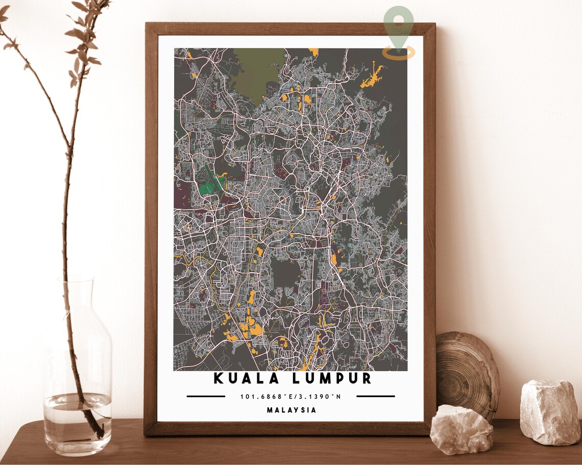 Kuala Lumpur Malaysia teal and white with orange highlights Street Map Coordinates Poster - Image 2