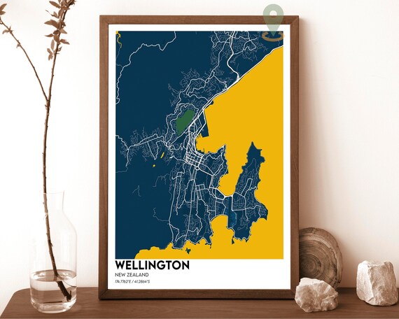 Wellington New Zealand City Map Poster Navy Yellow Modern Artwork