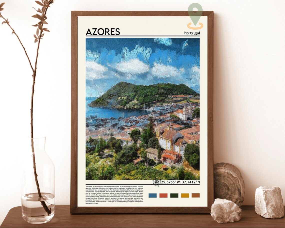 Azores Portugal Atlantic Island Harbor Town Green Hills Travel Poster