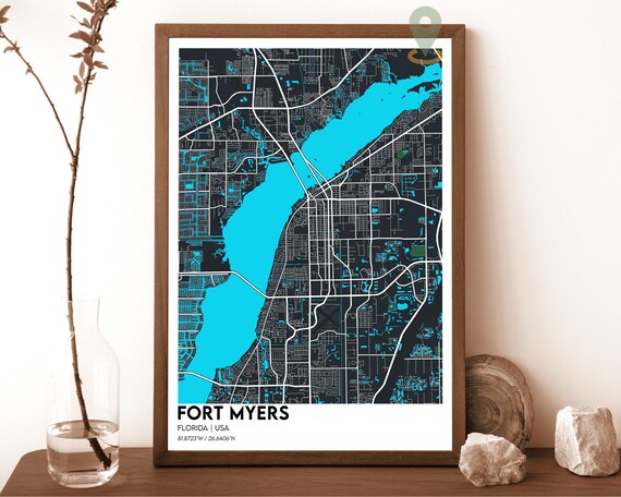 Fort Myers Florida USA Bold Black Turquoise High Contrast City Map Poster