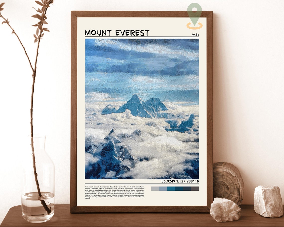 Mount Everest Asia Towering Snow Peak Above Clouds Art Poster