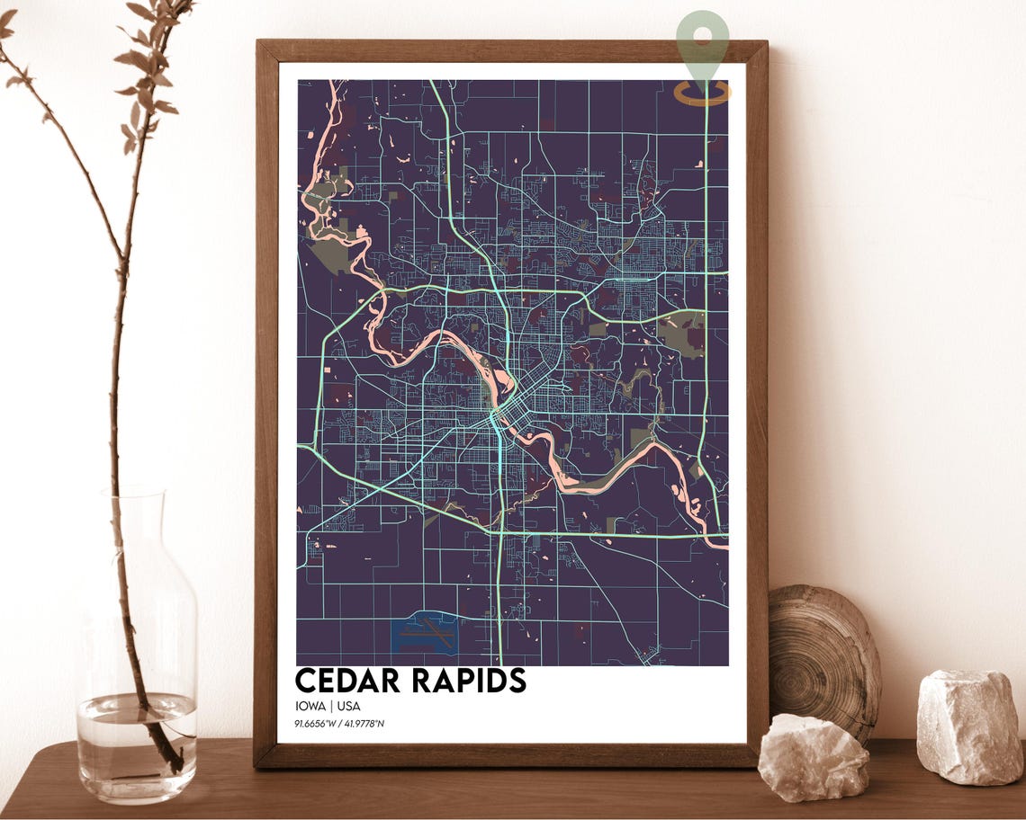 Cedar Rapids Iowa Modern Dark Teal Minimalist Street Map Art Print - Image 3