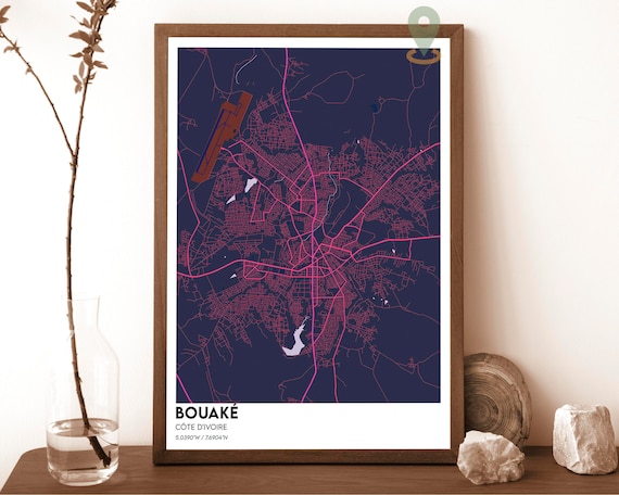 Bouake Cote dIvoire Navy Pink Street City Map Modern Wall Art