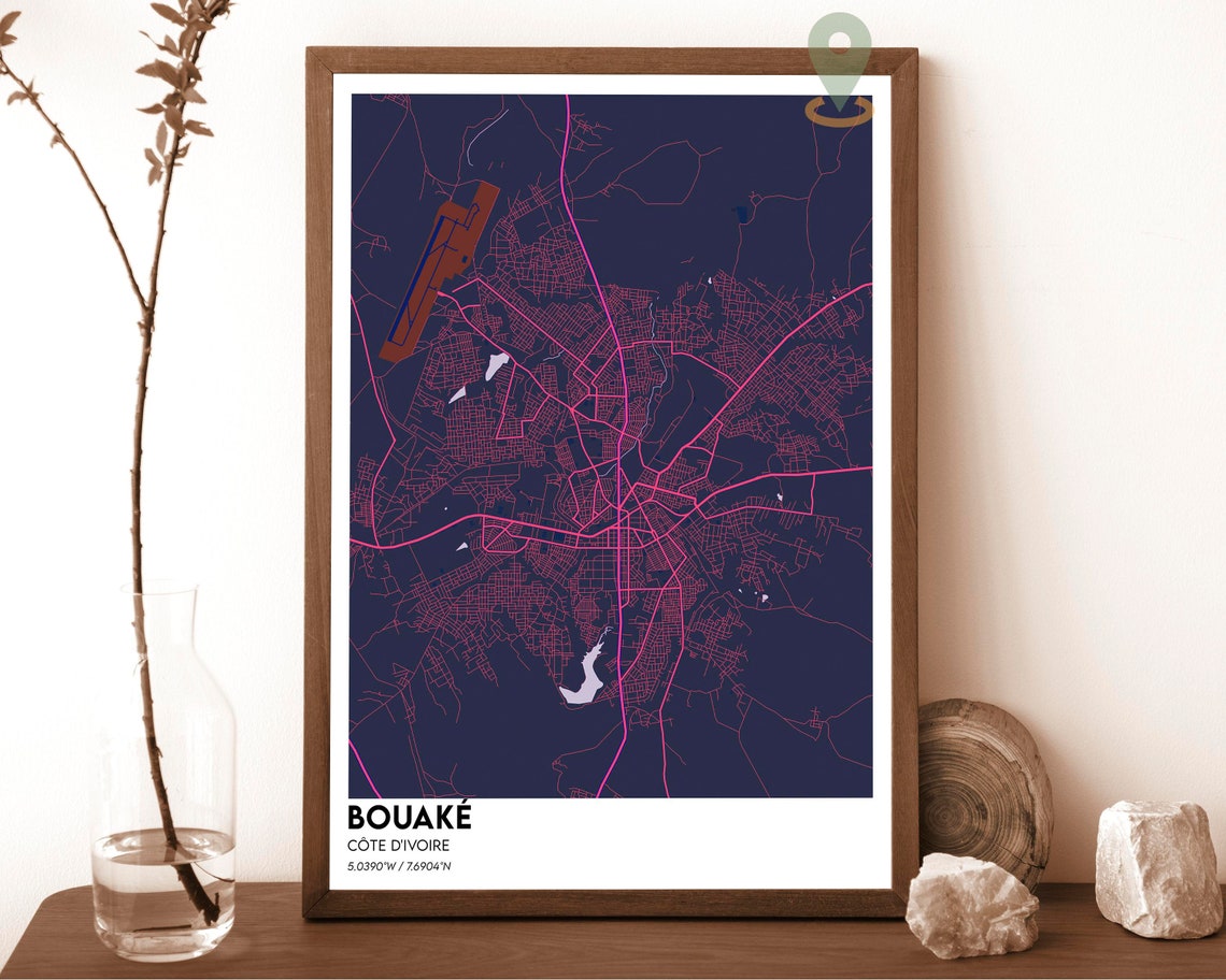 Bouake Cote dIvoire Navy Pink Street City Map Modern Wall Art