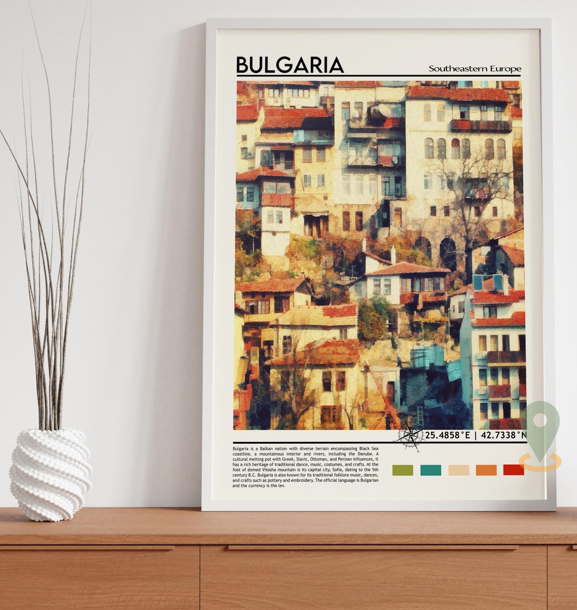 Bulgaria Southeast Europe Old Town Hillside Houses Watercolor Poster - Image 2