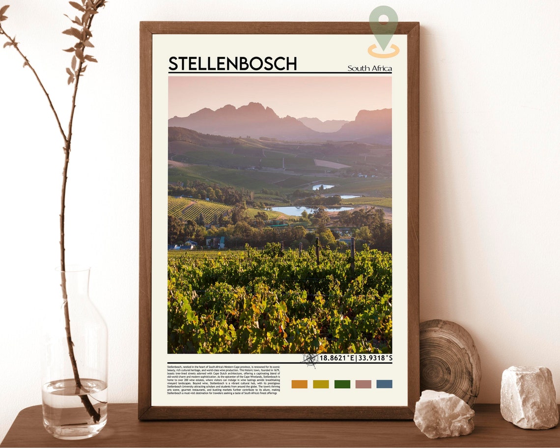Stellenbosch South Africa Vineyard Sunset Wine Region Travel Poster