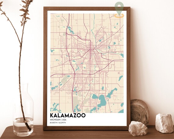 Kalamazoo Michigan Cream Burgundy Minimalist City Map Wall Art