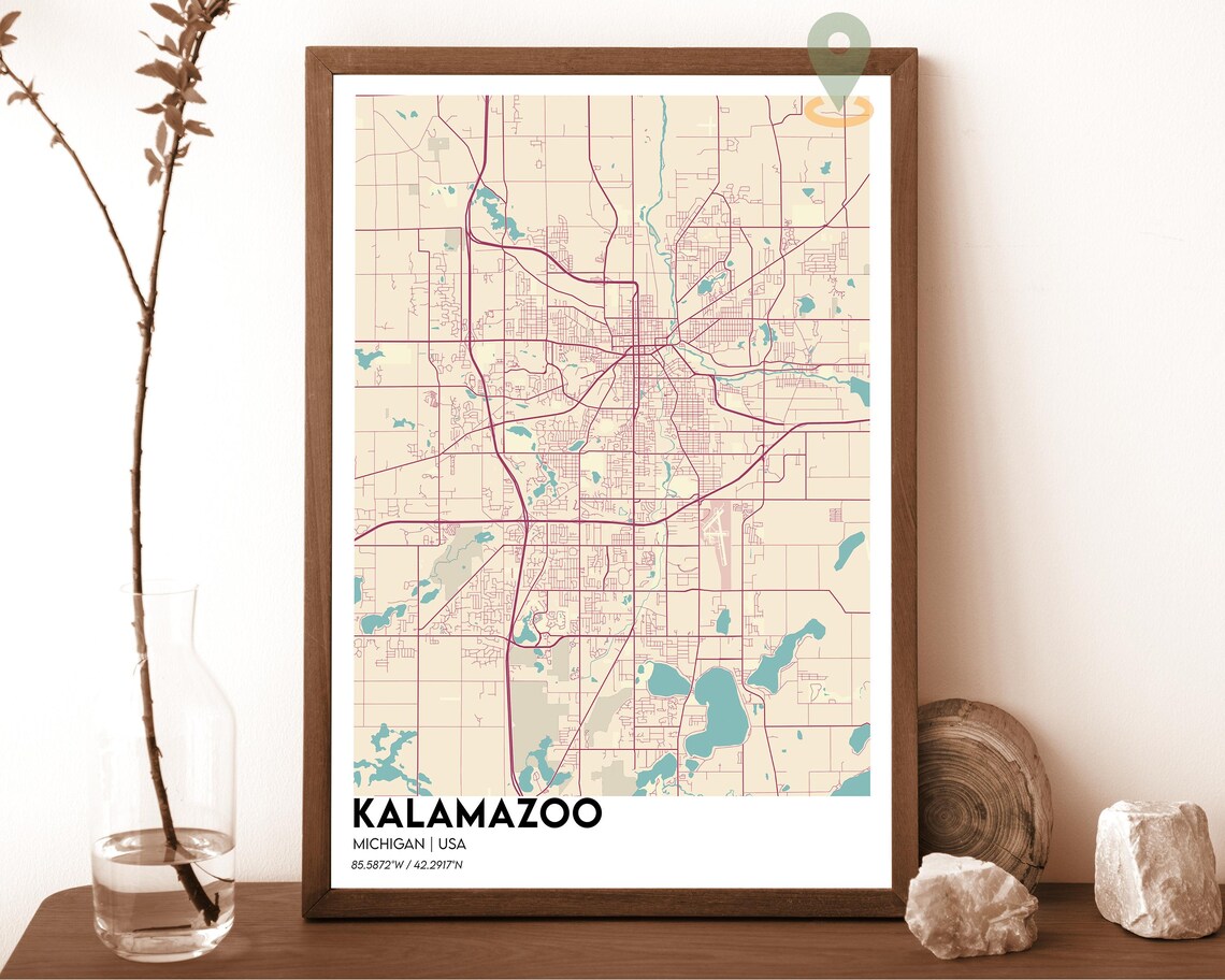 Kalamazoo Michigan Cream Burgundy Minimalist City Map Wall Art