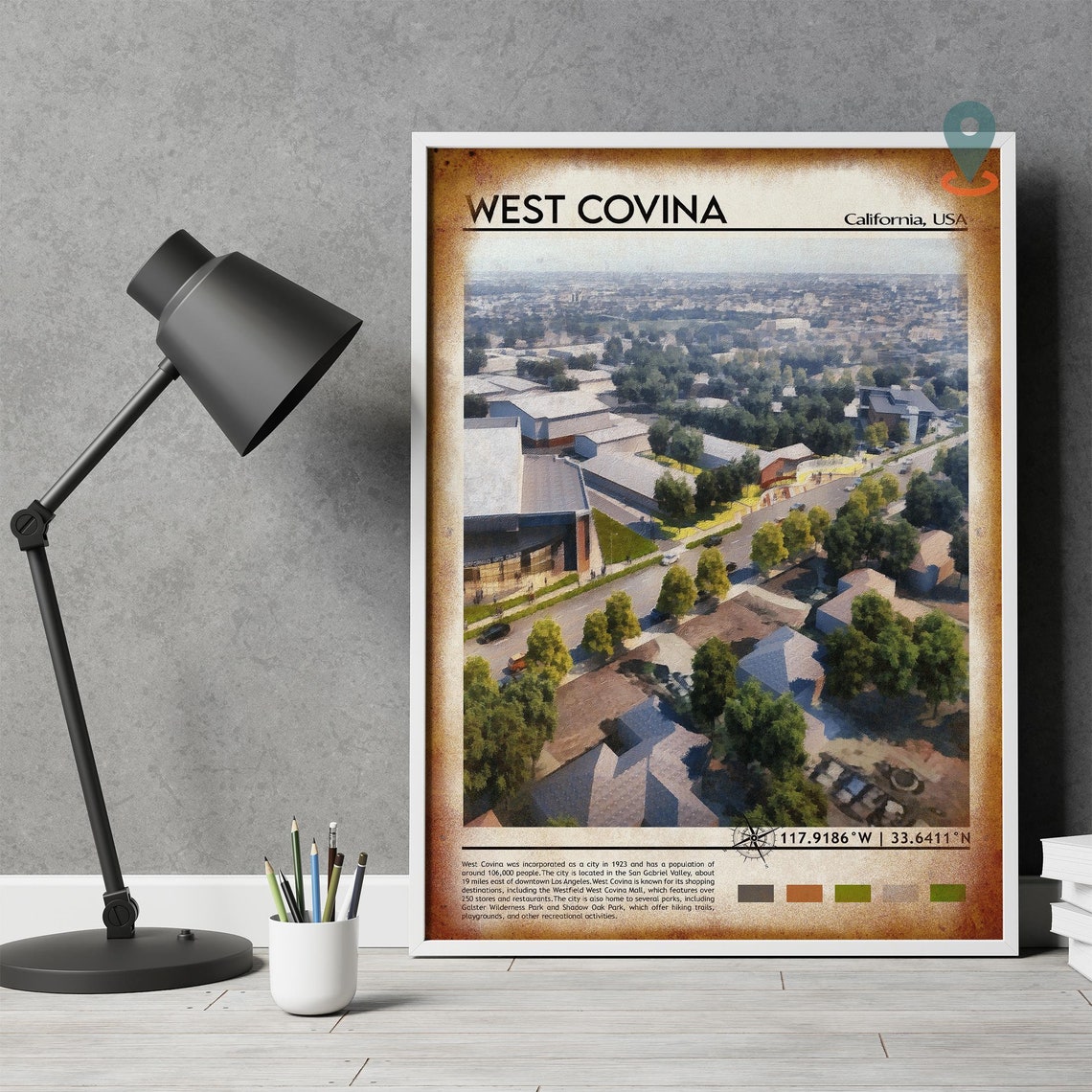 West Covina California Aerial Neighborhood Painterly Photo Art Poster - Image 4