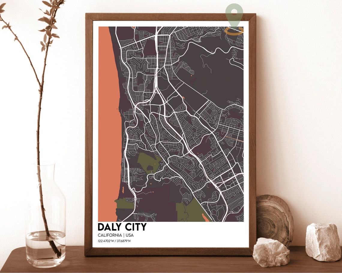 Daly City California Cream Maroon Coastal City Map Art Poster - Image 5