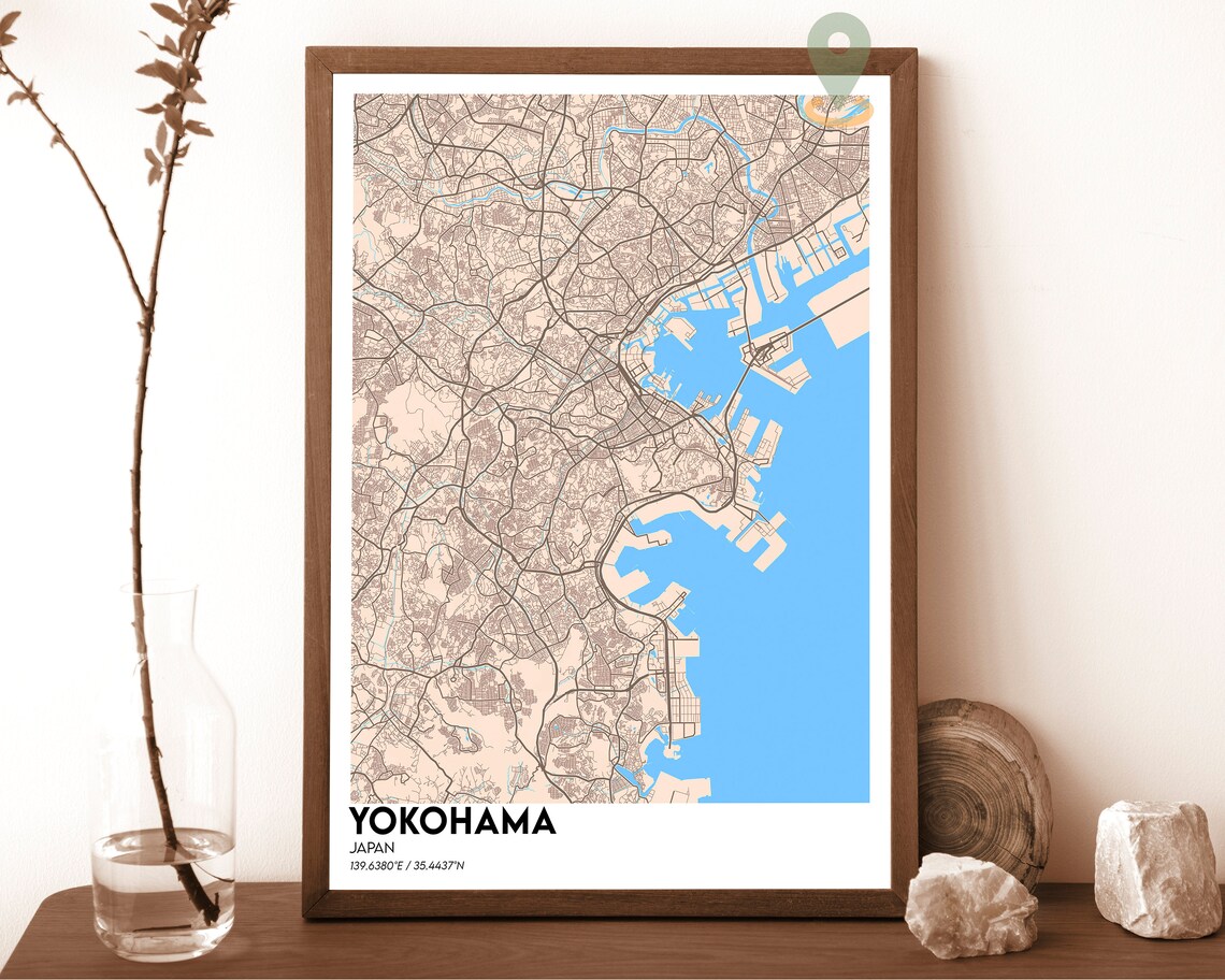 Yokohama Japan Navy Blue Golden Bay Modern City Map Art Poster - Image 5