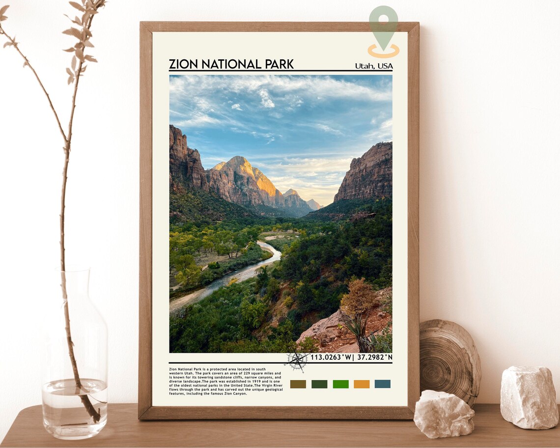 Zion National Park Utah Golden Canyon River Valley Travel Poster