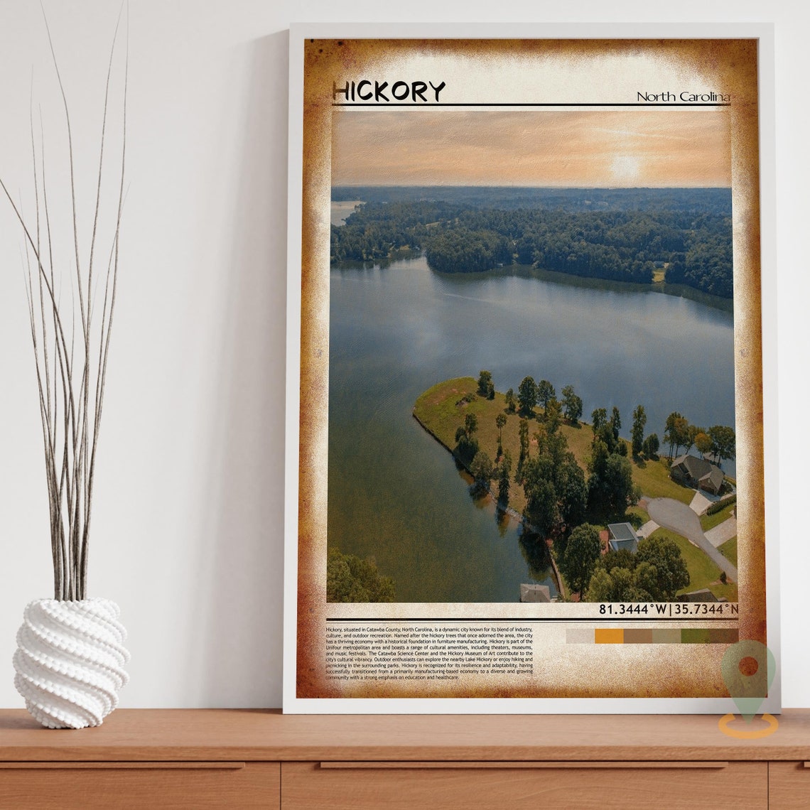 Hickory North Carolina Lake Sunset Aerial View Travel Poster - Image 3