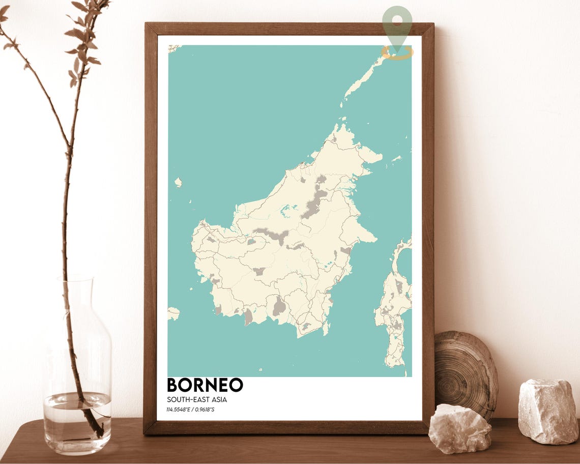 Borneo Southeast Asia Bold Golden Yellow Island Map Art Poster - Image 5