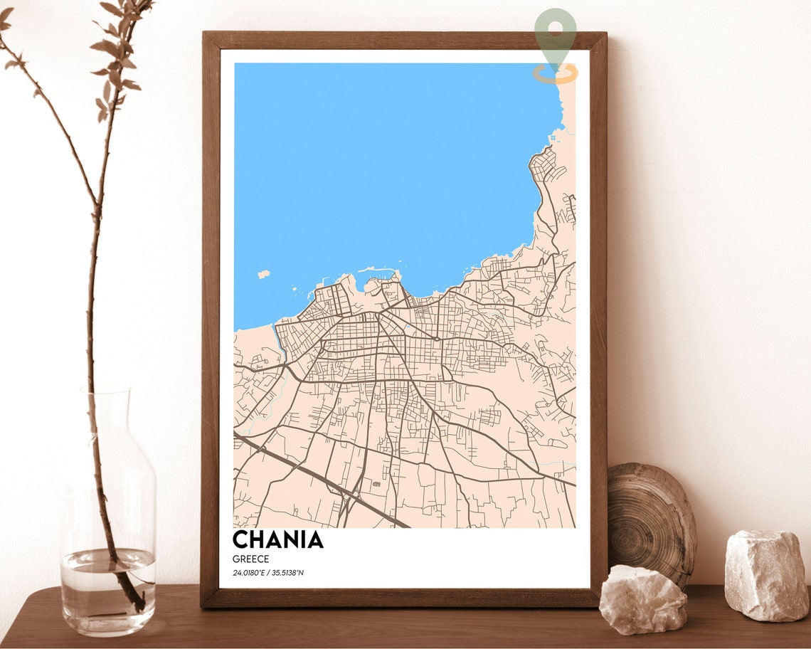 Chania Greece Navy Blue Crete Coast Modern City Map Design Poster - Image 5