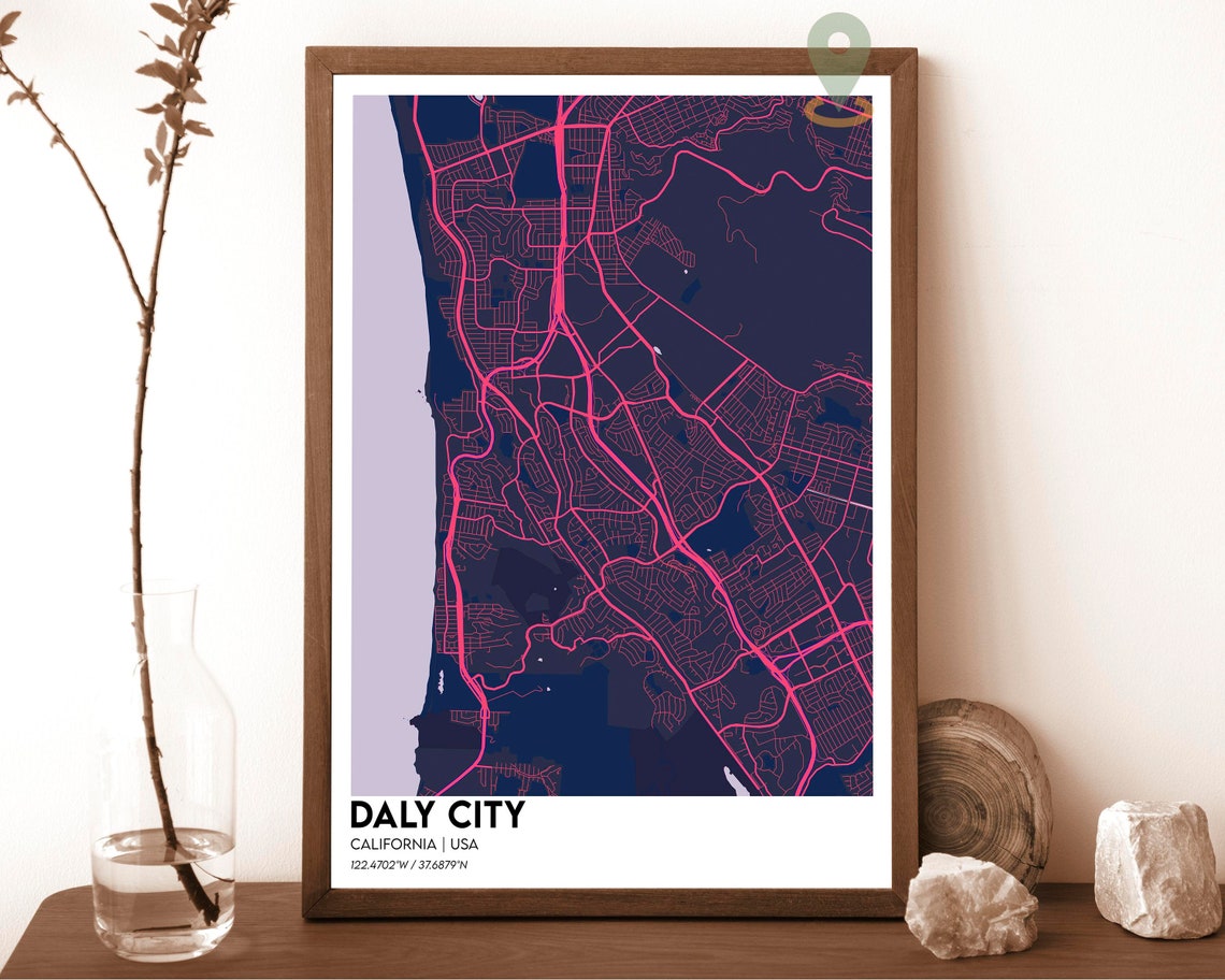 Daly City California Cream Maroon Coastal City Map Art Poster - Image 6