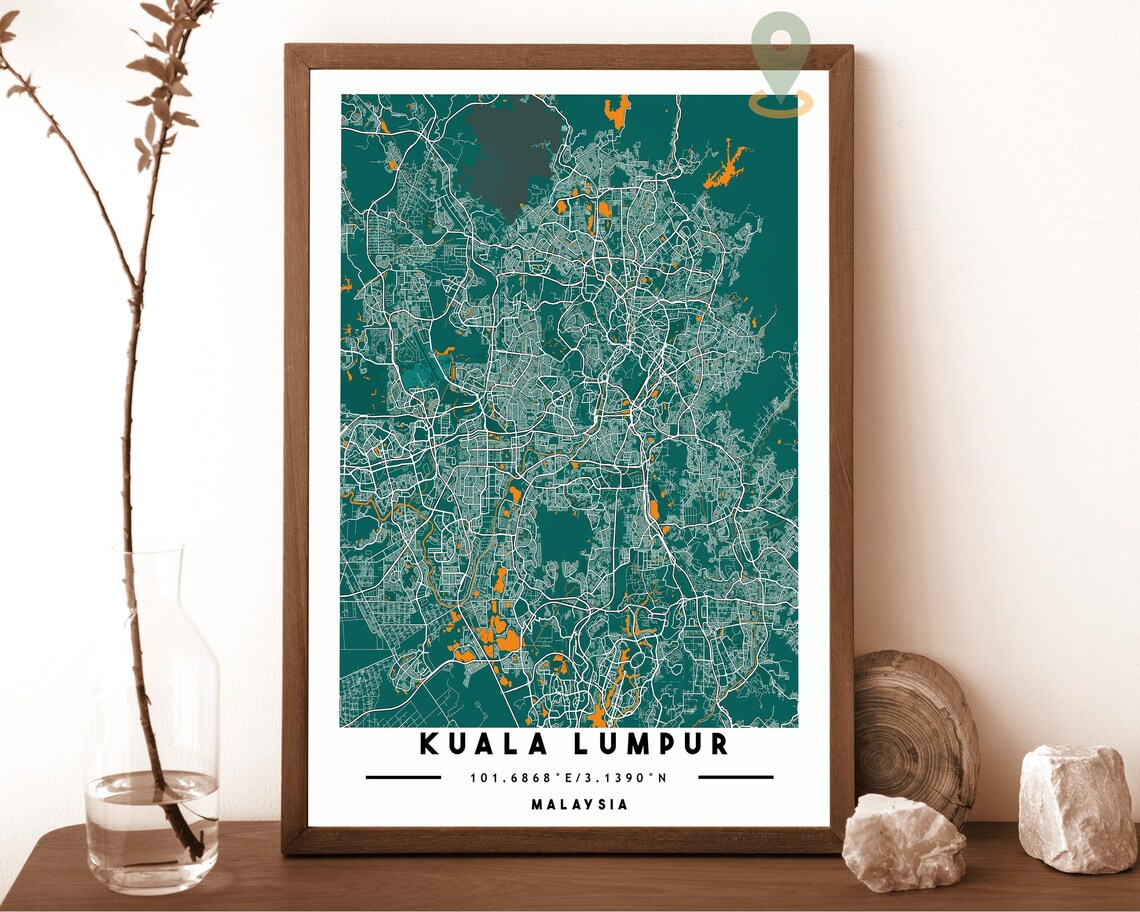Kuala Lumpur Malaysia teal and white with orange highlights Street Map Coordinates Poster