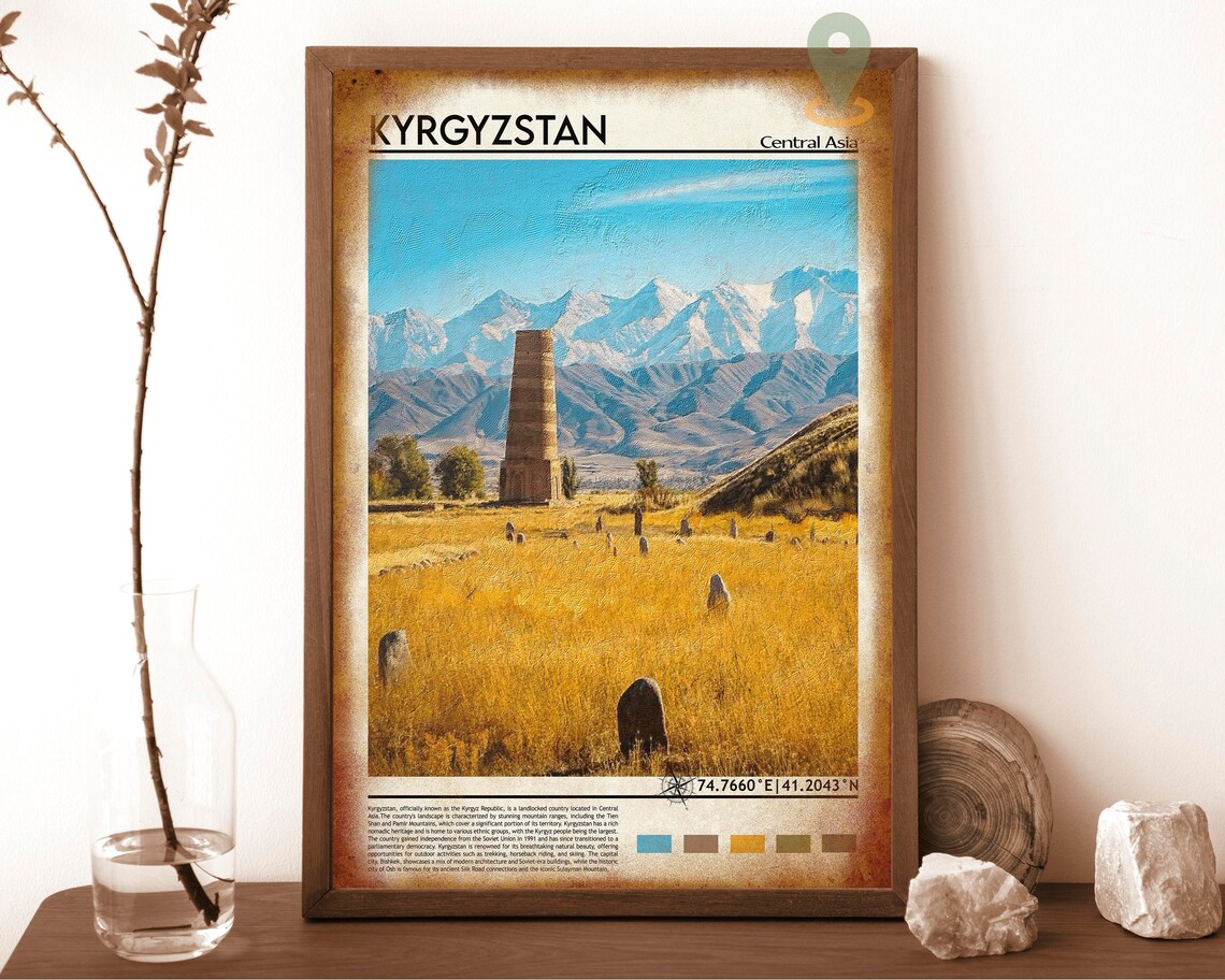 Kyrgyzstan Burana Tower Snowy Peaks Golden Meadow Field Poster - Image 6