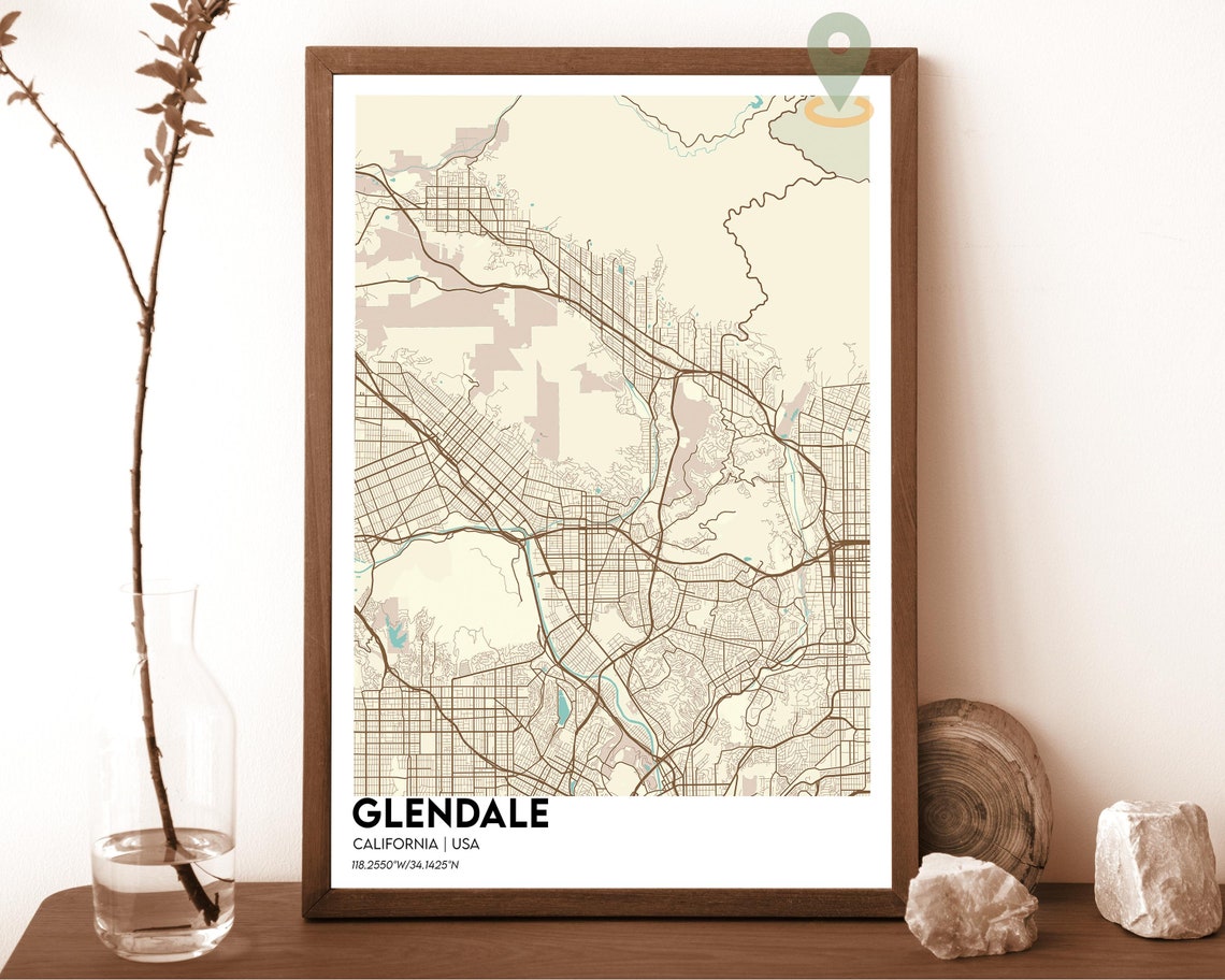 Glendale California Brown Cream Classic City Map Home Decor Poster