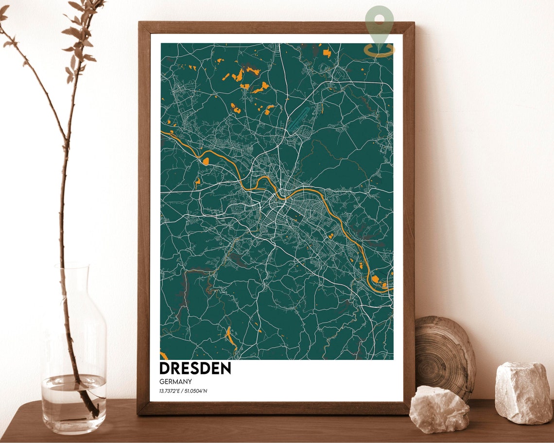 Dresden Germany Dark Green Elbe River Modern City Map Design Poster