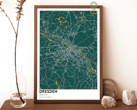 Dresden Germany Dark Green Elbe River Modern City Map Design Poster