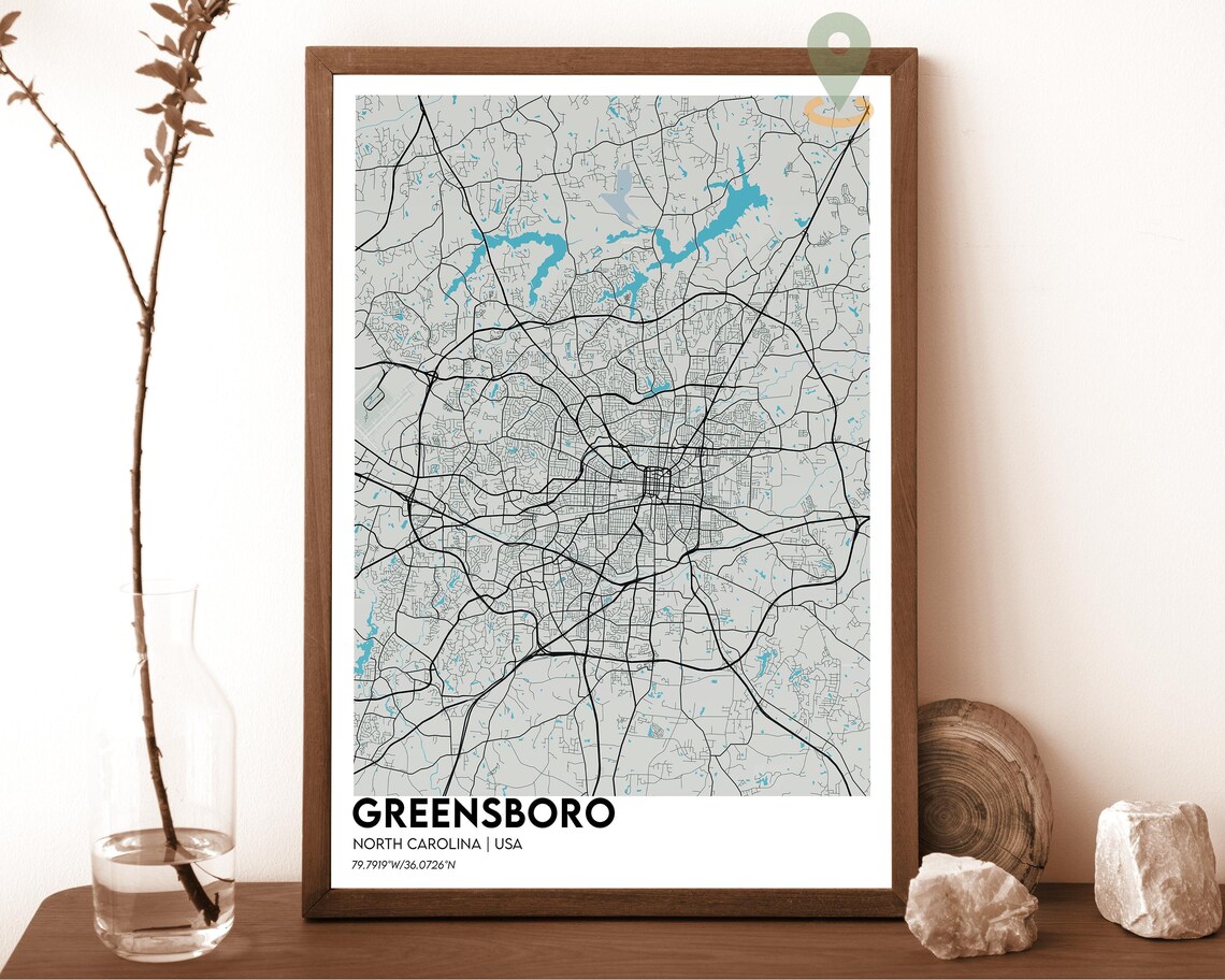 Greensboro North Carolina Teal Orange City Map Home Decor Poster - Image 4