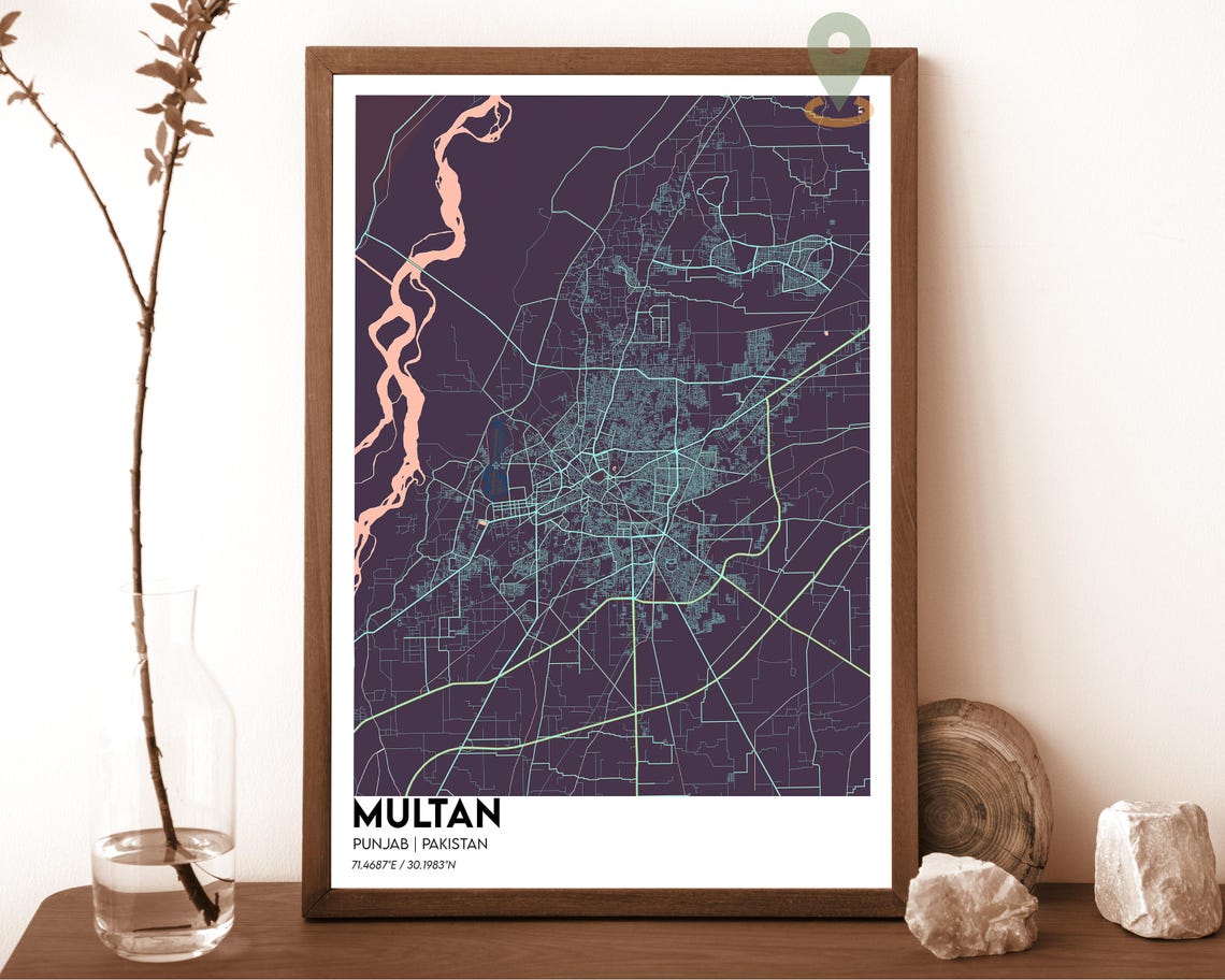 Multan Punjab Pakistan Crimson Red Modern City Map Art Poster - Image 3