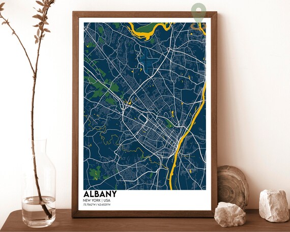 Albany New York Hudson River Dark Blue City Street Map Poster