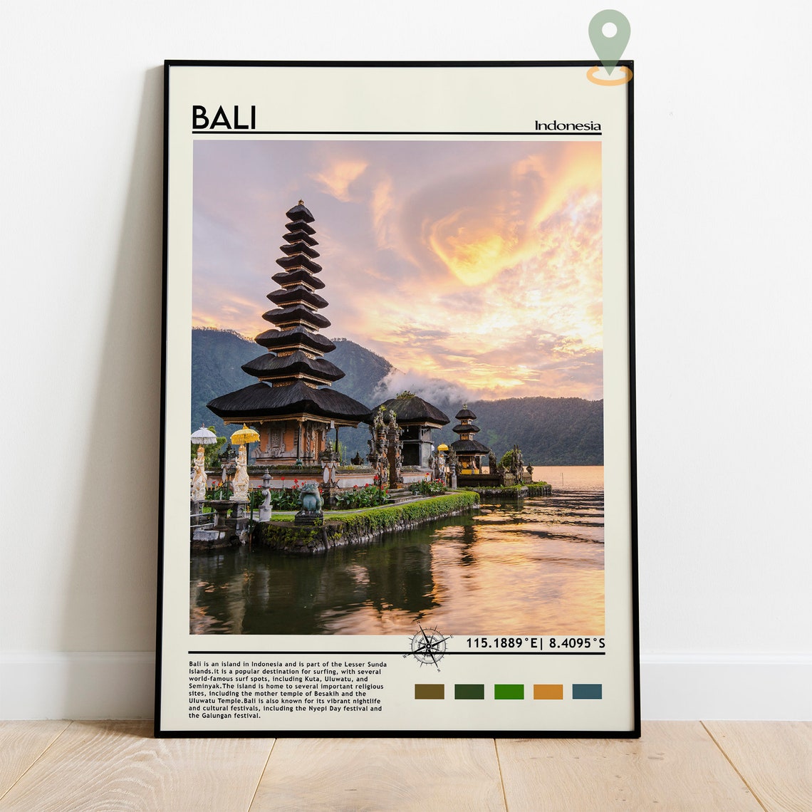 Bali Indonesia Temple Sunset Lake Reflection Tropical Travel Poster - Image 5