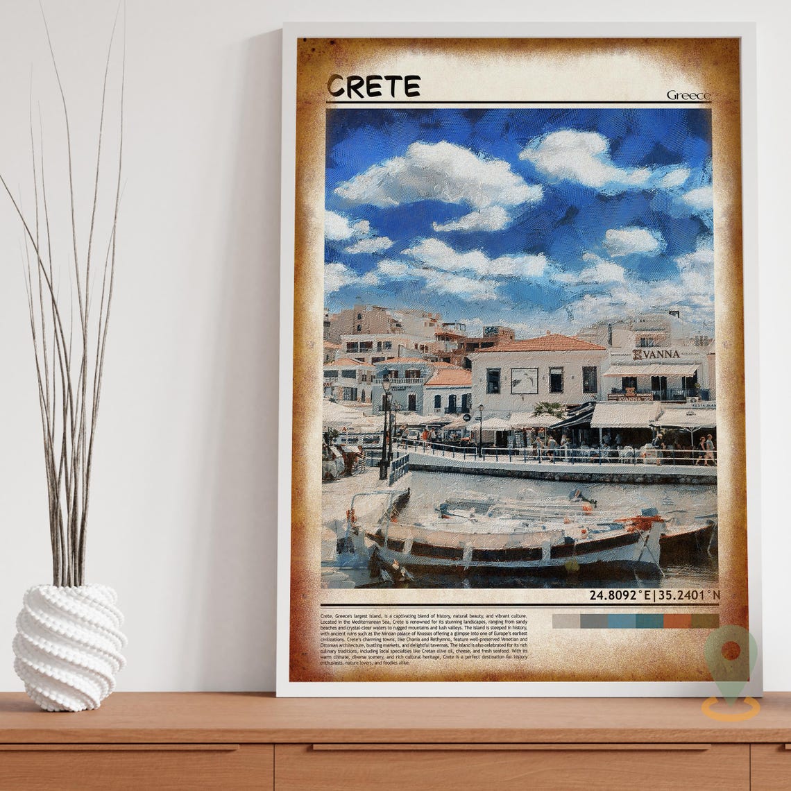 Crete Greece Mediterranean Island Harbor Painted Travel Poster - Image 3