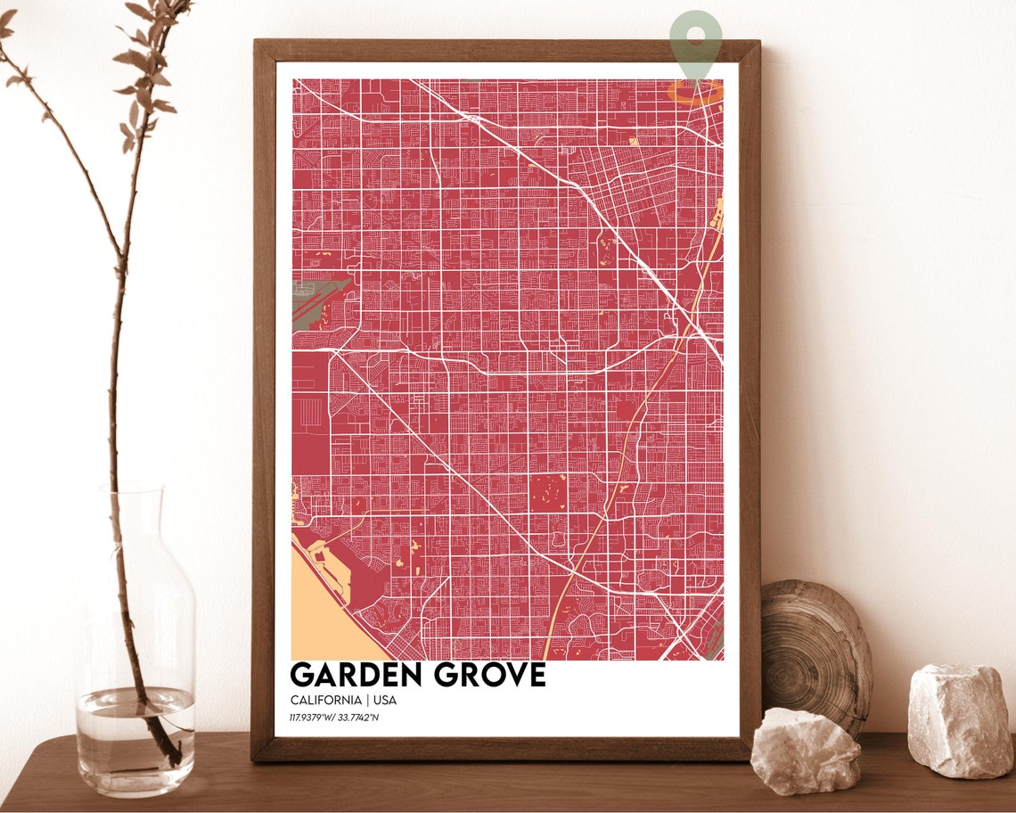Garden Grove California Crimson White City Map Home Decor Poster