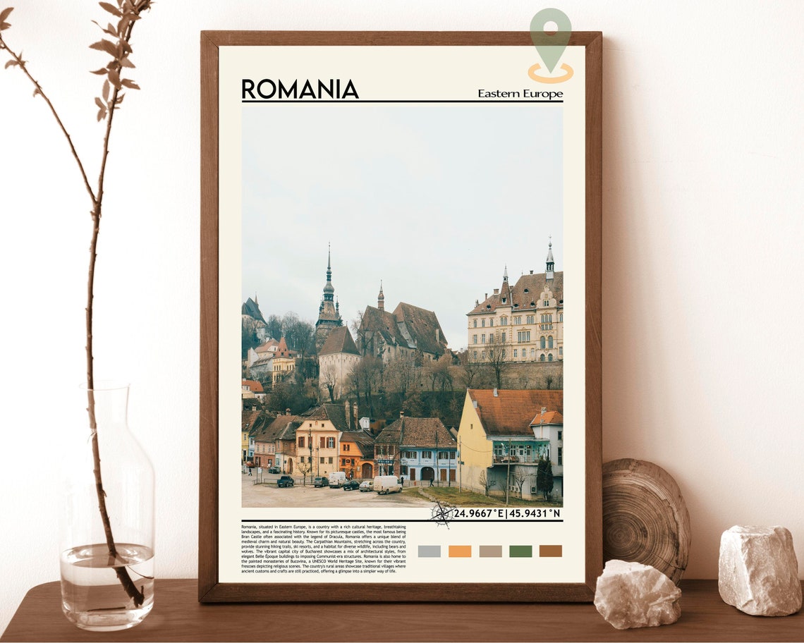 Romania Eastern Europe Medieval Hilltop Town Colorful Roofs Art Poster