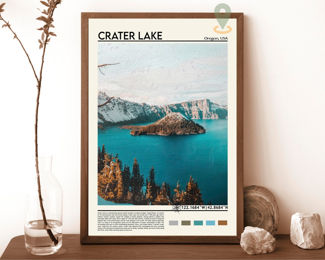 Crater Lake Oregon Wizard Island Deep Blue Water Travel Poster