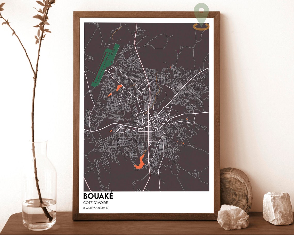 Bouake Cote dIvoire Navy Pink Street City Map Modern Wall Art - Image 5