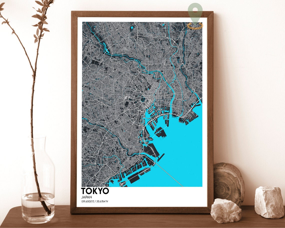 Tokyo Japan Dark Charcoal Cyan Waterways Street Map Modern Art Poster