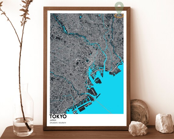 Tokyo Japan Dark Charcoal Cyan Waterways Street Map Modern Art Poster