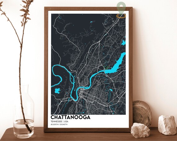 Chattanooga Tennessee Tennessee River Cyan Night City Map Art Print