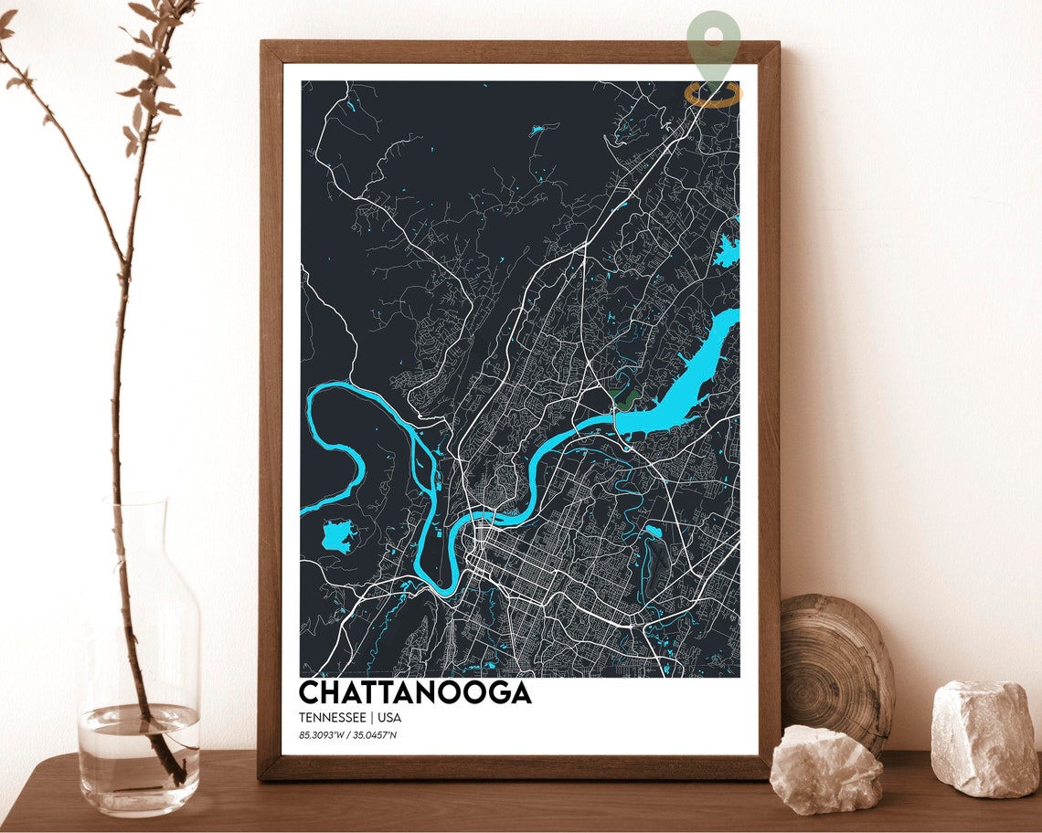 Chattanooga Tennessee Tennessee River Cyan Night City Map Art Print