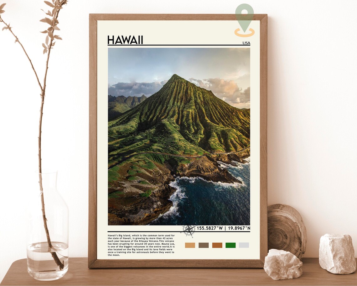 Hawaii USA Green Volcanic Crater Ocean Coast Aerial View Poster
