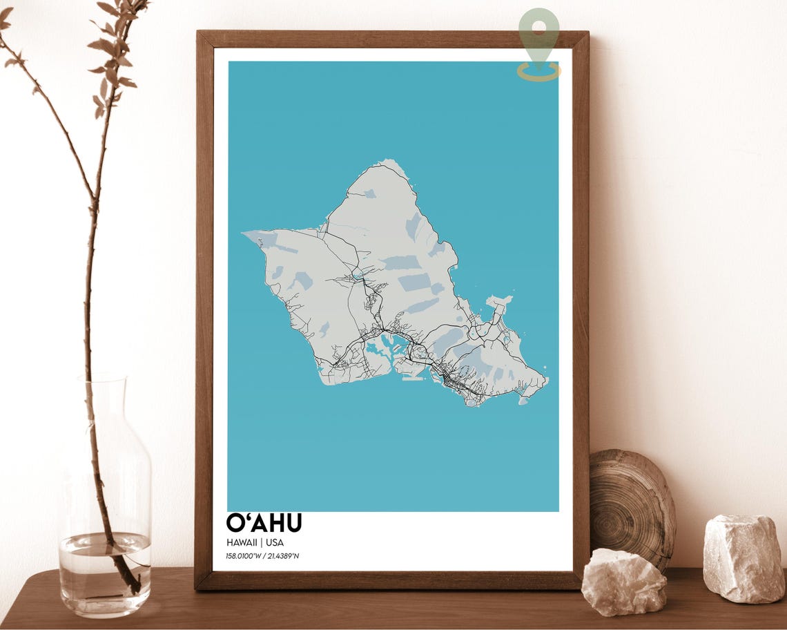 O'ahu Hawaii Minimalist Island Map Poster in Turquoise and White