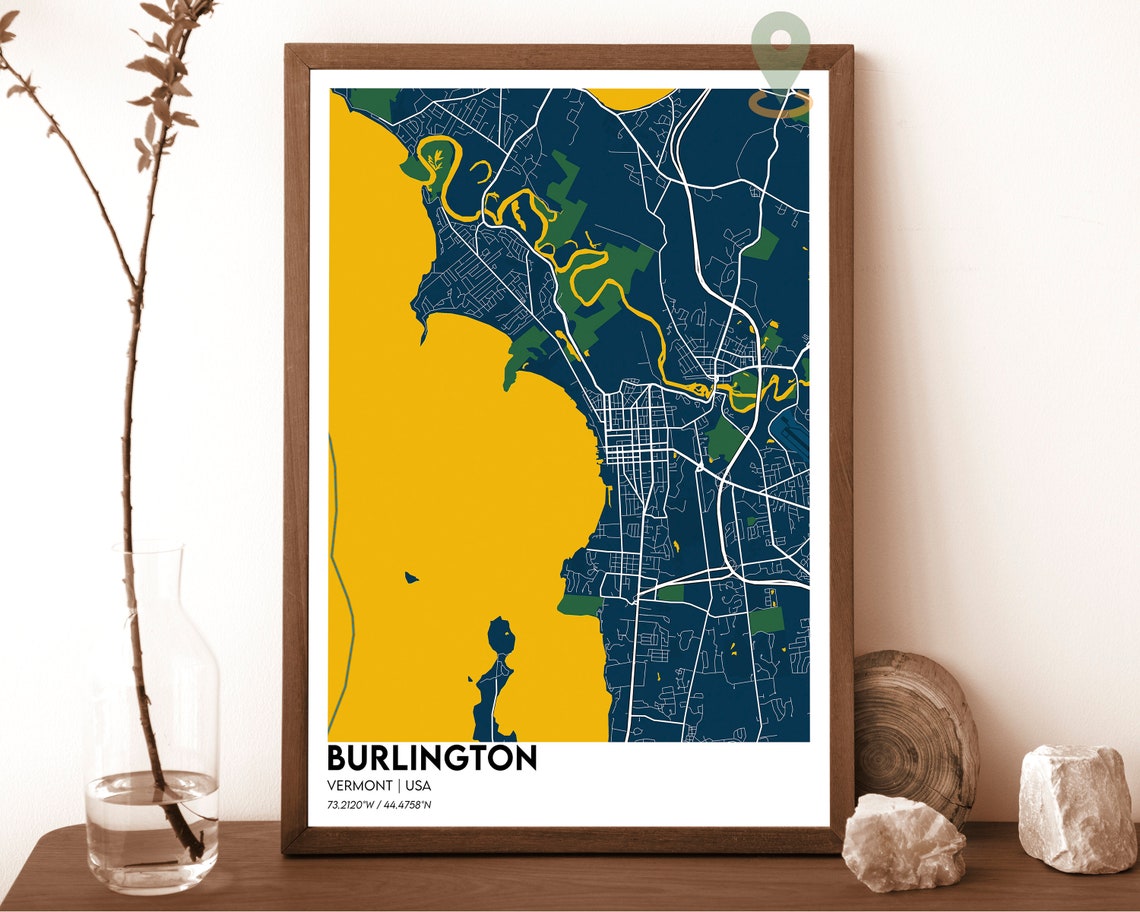 Burlington Vermont Navy Aqua Minimalist City Map Design Poster - Image 2
