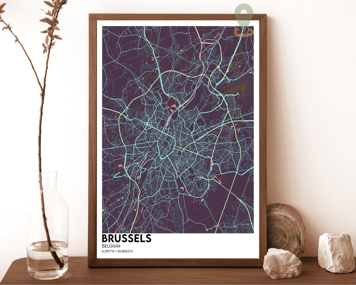 Brussels Belgium Dark Night City Map Cyan Canals Decor Poster - Image 6